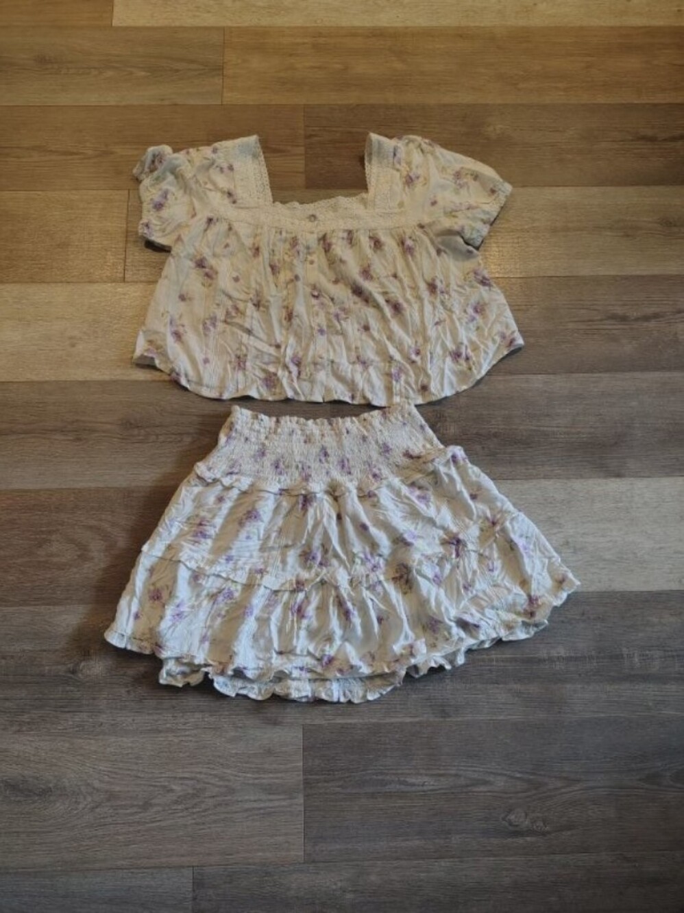 Floral Two-Piece Top + Skirt Set - Cream with Lavender Print